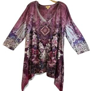One World Women's‎ Purple Rhinestone Embellished Tunic Blouse Plus Size 3X